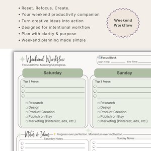 May include: A white paper planner page titled Weekend Workflow with sections for Saturday and Sunday. It includes a Focus Block, Top 3 Focus lists with checkboxes for Research, Design, Product Creation, Publish on Etsy, and Marketing, plus Notes & Ideas.