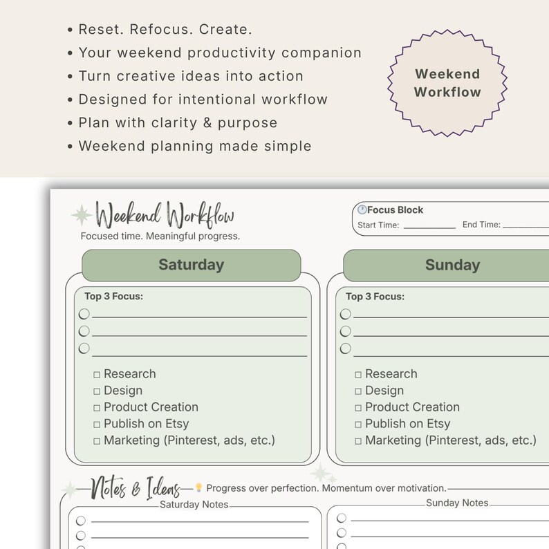 May include: A white paper planner page titled Weekend Workflow with sections for Saturday and Sunday. It includes a Focus Block, Top 3 Focus lists with checkboxes for Research, Design, Product Creation, Publish on Etsy, and Marketing, plus Notes & Ideas.