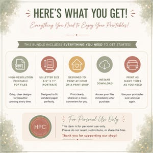 May include: An informational graphic titled HERE'S WHAT YOU GET! Everything You Need to Enjoy Your Printables! It lists features including high-resolution PDF files, US letter size 8.5" x 11" format, home printing, instant download, and unlimited printing.