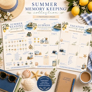 Puede incluir: Tres páginas imprimibles para una colección de recuerdos de verano que incluye un pasaporte de lectura, un diario de recuerdos y páginas de vacaciones. Las páginas incluyen ilustraciones en acuarela de limones y escenas costeras.