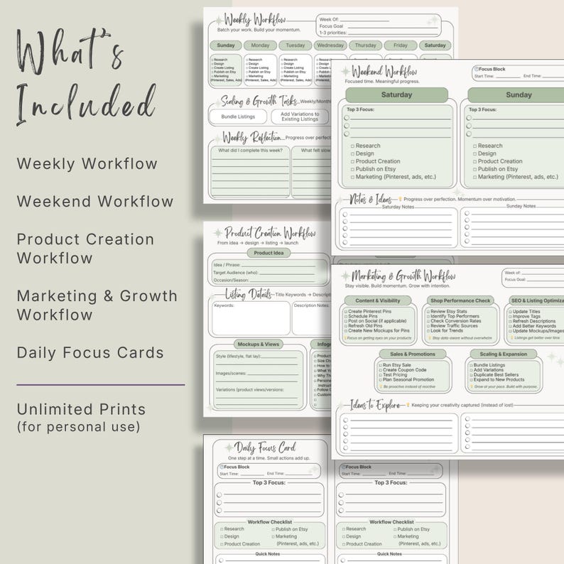 May include: A set of digital planning templates featuring sage green accents and black text. The pages include Weekly Workflow, Weekend Workflow, Product Creation Workflow, Marketing and Growth Workflow, and Daily Focus Cards for organization.