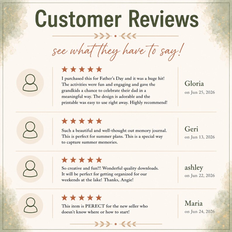 May include: A customer review graphic with the title Customer Reviews and the subtitle see what they have to say. It displays four five-star reviews from Gloria, Geri, ashley, and Maria, each accompanied by a generic circular user icon.