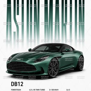 Peut inclure: Une voiture de sport Aston Martin DB12 vert foncé avec un toit noir et des jantes à rayons multiples. Le texte indique la marque, le modèle et les spécifications techniques : 4.0 L V8 biturbo, 0-100 km/h en 3,6 s, 680 ch, 325 km/h, 800 nm, 1765 kg.