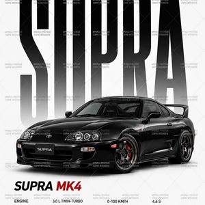 Peut inclure: Une voiture de sport Toyota Supra MK4 noire est présentée avec des spécifications techniques incluant un moteur 3.0 L biturbo, 320 ch, 427 NM de couple, 1 505 kg, 0-100 km/h en 4,6 s et une vitesse maximale de 250 km/h sur fond blanc.
