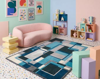 Modern Abstract Geometric Rug Hand Tufted Wool, Bauhaus Blue Teal Area Rug