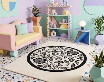 Handgetufte wol, zwart-wit statementtapijt, luxe woonkamerdecoratie