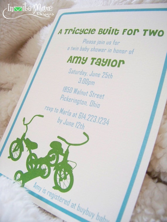 Items similar to Twin Boy Tricycle Baby Shower Invitations on Etsy