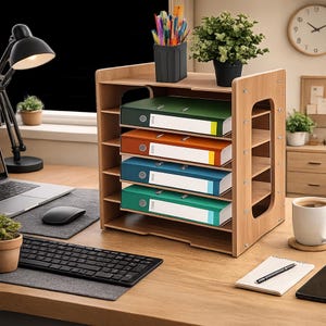 May include: A light wood desktop organizer with five horizontal shelves holding four ring binders in green, orange, blue, and teal. The unit features side cutouts and metal fasteners, with a black pen holder and a small potted plant on top.