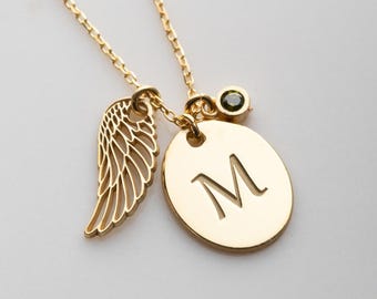 Collana con iniziale: ciondolo a forma di ala d'angelo, gioiello con pietra portafortuna