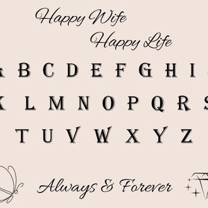 Font chart showing personalization options for a script initial ring, custom initial ring, and personalized jewelry