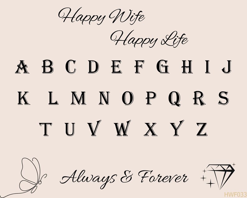 Font chart showing personalization options for a script initial ring, custom initial ring, and personalized jewelry