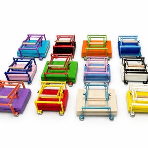 May include: A collection of colorful, miniature rolling carts. Each cart features a rectangular base in various colors, a wooden platform, and a metal frame with a handle. The carts are designed with a minimalist aesthetic and are arranged on a white background.