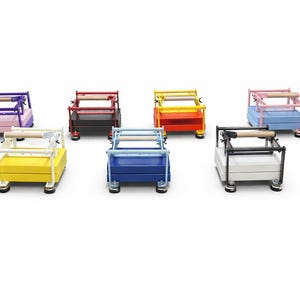 May include: A collection of colorful, miniature rolling carts. Each cart features a rectangular base and a wooden handle. The carts are painted in various colors, including purple, red, yellow, blue, pink, black, and white.