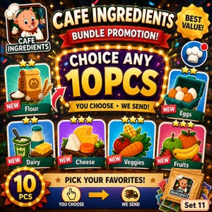 May include: A digital promotional graphic for a Cafe Ingredients bundle featuring a cartoon pig chef. The text reads CAFE INGREDIENTS BUNDLE PROMOTION, CHOICE ANY 10PCS, YOU CHOOSE WE SEND, and BEST VALUE. Icons display flour, eggs, dairy, cheese, veggies, and fruits.
