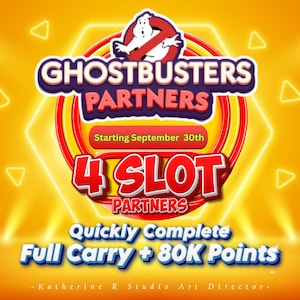 Op de afbeelding: Een promotionele afbeelding voor Ghostbusters Partners met het iconische spooklogo, de tekst Starting September 30th, 4 SLOT PARTNERS en Quickly Complete Full Carry + 80K Points op een levendige gele achtergrond met heldere lichteffecten.