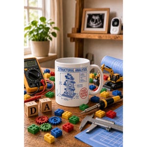 May include: A white ceramic mug featuring a blue technical blueprint graphic labeled Structural Analysis, with a red Peer Review Failed stamp. The mug is surrounded by plastic building blocks, a yellow multimeter, a soldering iron, and a metal caliper.
