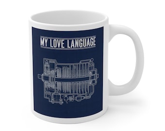 Taza de ingeniero, "Mi lenguaje del amor: plano de la caja de cambios de turbina", regalo para ingeniero mecánico, taza de ingeniero eléctrico impresa en la UE.