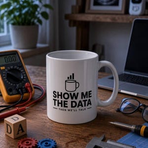 Pode incluir: Uma caneca de cerâmica branca com um gráfico preto de uma chávena de café com um gráfico de barras por cima e o texto "SHOW ME THE DATA THEN WE'LL TALK" impresso a preto. A caneca tem uma pega padrão e um corpo cilíndrico.