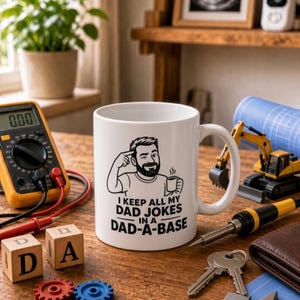 Könnte beinhalten: Ein weißer Keramikbecher mit einer schwarzen grafischen Illustration einer Person, die auf ihren Kopf zeigt und eine Kaffeetasse hält. Der aufgedruckte Text auf dem Becher lautet, I KEEP ALL MY DAD JOKES IN A DAD-A-BASE, in fetten schwarzen Buchstaben.