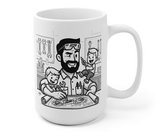 Taza para papá ingeniero, dibujo animado de un ingeniero con dos niños en el taller, regalo del Día del Padre para ingenieros, taza de café divertida para papá, impresión en la UE