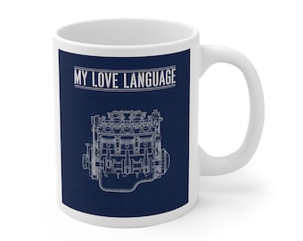 Taza de ingeniero, Mi lenguaje del amor: planos de motores V con pistones, regalo para ingenieros mecánicos, taza para amantes de los coches y los motores, impresa en la UE.
