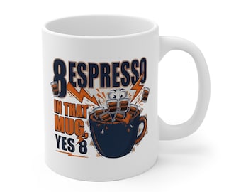 Taza de espresso divertida, 8 espressos en esa taza, sí, 8, dibujo animado de rayo de cafeína, regalo para amantes del espresso, taza de café con cable impresa en la UE