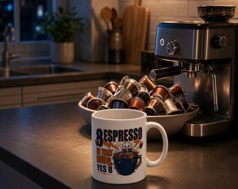 Taza de espresso divertida, 8 espressos en esa taza, sí, 8, dibujo animado de rayo de cafeína, regalo para amantes del espresso, taza de café con cable impresa en EE. UU.