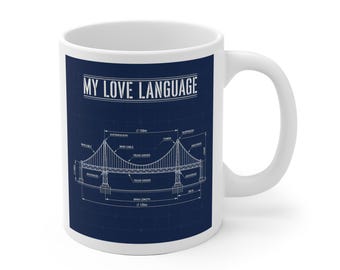 Taza de ingeniero civil, Puente colgante con diseño "Mi lenguaje del amor", Regalo para ingeniero estructural, Taza de ingeniero de puentes impresa en la UE