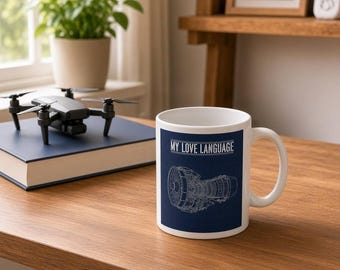 Taza de ingeniero, "Mi lenguaje del amor: plano de un motor a reacción", regalo para ingeniero aeroespacial, taza de ingeniero mecánico, regalo para estudiante de ingeniería (impreso en la UE)