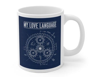 Taza de ingeniero, diseño "My Love Language Blueprint Planetary Gear Train", regalo para ingeniero mecánico, taza para amantes de los engranajes, regalo para estudiantes de ingeniería (impreso en la UE)