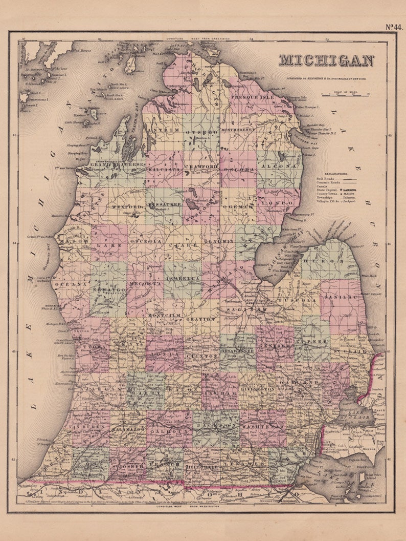 1855 Map of Michigan's Lower Peninsula FREE SHIPPING Etsy