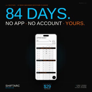 May include: A black graphic with the text "84 DAYS. NO APP. NO ACCOUNT. YOURS." and a smartphone displaying a workout plan. The phone shows an "Upper Body" workout with exercise details. The bottom text reads "SHIFTARC" and "$29".