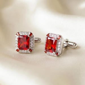 Octagon Ruby Cufflinks for Men, 14K White Gold Plated Wedding Cuff Links, Groom Gift, Formal Wear Accessories
