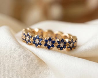 14K Yellow Gold Sapphire Diamond Eternity Ring, Round Cut Wedding Band