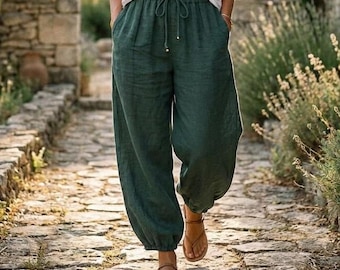 Pantalones harem de algodón estilo boho, pantalones holgados de pierna ancha para vacaciones de verano en la playa, estilo boho casual, ajuste relajado, conjunto ideal para festivales de mujer.