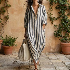 Übergroßes gestreiftes Leinenkleid, Boho-Hemdkleid Frauen, Lockeres Maxi-Kaftankleid, Minimalistisches Strandkleid, lässiges Sommerkleid