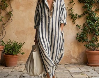 Abito a righe in lino oversize, abito a camicia boho da donna, abito caftano lungo e ampio, abito da spiaggia minimalista, abito estivo casual