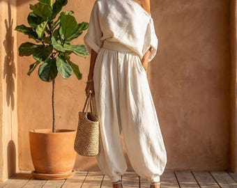 Boho Linen Lounge Set Women, Off Shoulder Two Piece Set, Loose Fit Resort Outfit, Wide Leg Pants Set, Minimalist Summer Co Ord