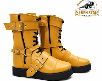 Handgemachte benutzerdefinierte gelbe Biker-Lederschuhe für Herren und Damen.