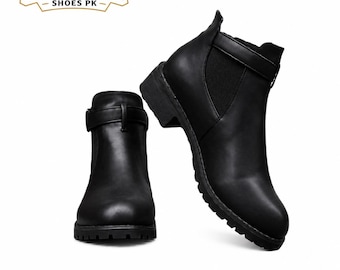 Hand Made Black Leather Biker Shoes women.