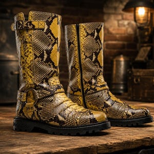 Handmade Python Print Biker Boots | Men's Snake Pattern Leather Motorcycle Footwear