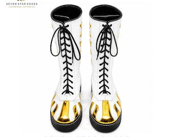 Bottes de catch professionnel en cuir blanc doré | Chaussures de ring à lacets personnalisées
