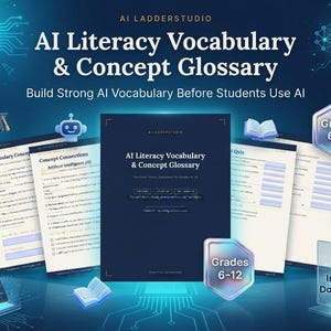 May include: A digital educational resource titled AI Literacy Vocabulary & Concept Glossary for grades 6-12. The set includes a dark blue cover page, vocabulary worksheets, and concept connection sheets, all featuring AI-themed icons and text.