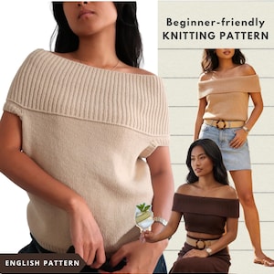 May include: A beige off-the-shoulder knit top with a ribbed neckline and short sleeves. The image also includes the text "Beginner-friendly KNITTING PATTERN" and "ENGLISH PATTERN".