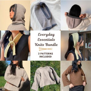 May include: A digital collage featuring knitting patterns titled Everyday Essentials Knits Bundle 3 PATTERNS INCLUDED. The images display a beige knit hood, a yellow knit headscarf, and three different beige and brown long-sleeve knit sweaters.