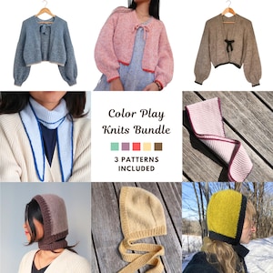 May include: A collection of knitted garments including three cropped cardigans with tie-front closures, two scarves with contrasting edges, and three bonnets in various colors. The central text reads Color Play Knits Bundle 3 PATTERNS INCLUDED.