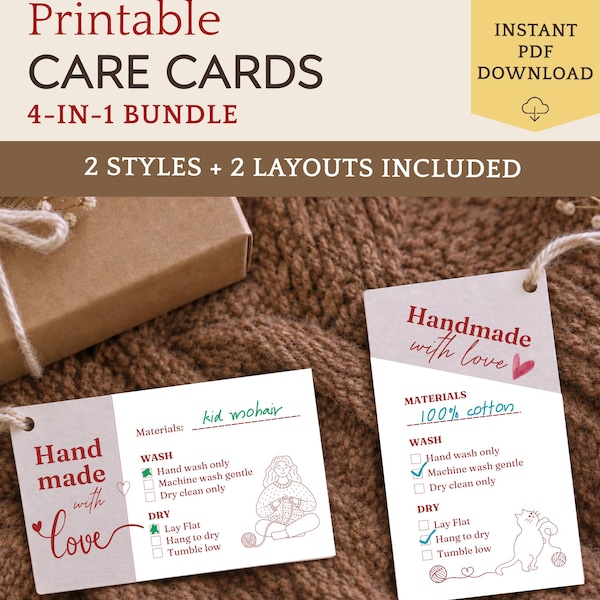 Printable Crafter CARE CARD for Handmade Items | Knitting Care Tags, Crochet Care Instructions, Garment Washing Label, Eco Tags PDF Download