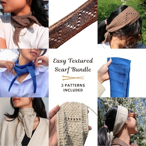 May include: A collection of knitted accessories including brown, blue, and beige scarves and headbands with various textures and lace patterns. The central text reads Easy Textured Scarf Bundle, 3 PATTERNS INCLUDED, with a graphic of two knitting needles.