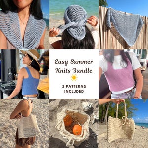 May include: A digital collage featuring crochet and knit items including a light blue shawl, a light blue headscarf, a triangular shawl, a blue tank top, a pink tank top, and three cream-colored tote bags. Text reads Easy Summer Knits Bundle.