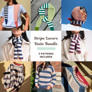 May include: A digital collage featuring knitted garments and accessories with striped patterns. The central text reads Stripe Lovers Knits Bundle, 3 PATTERNS INCLUDED. Items include scarves, a head covering, and sweaters in various color combinations.